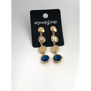 Earrings Drops Dangles Glass Stones Blue Gold Tone